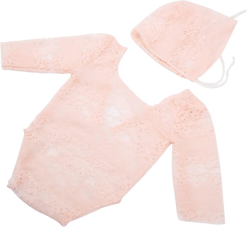 Newborn Baby Photography Prop Pink Lace Romper Hat Set Soft Breathable Wrap - Image 4